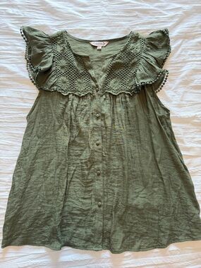 Nanette Lepore Olive Green Crochet Yoke Flutter Sleeve Button-Front Top